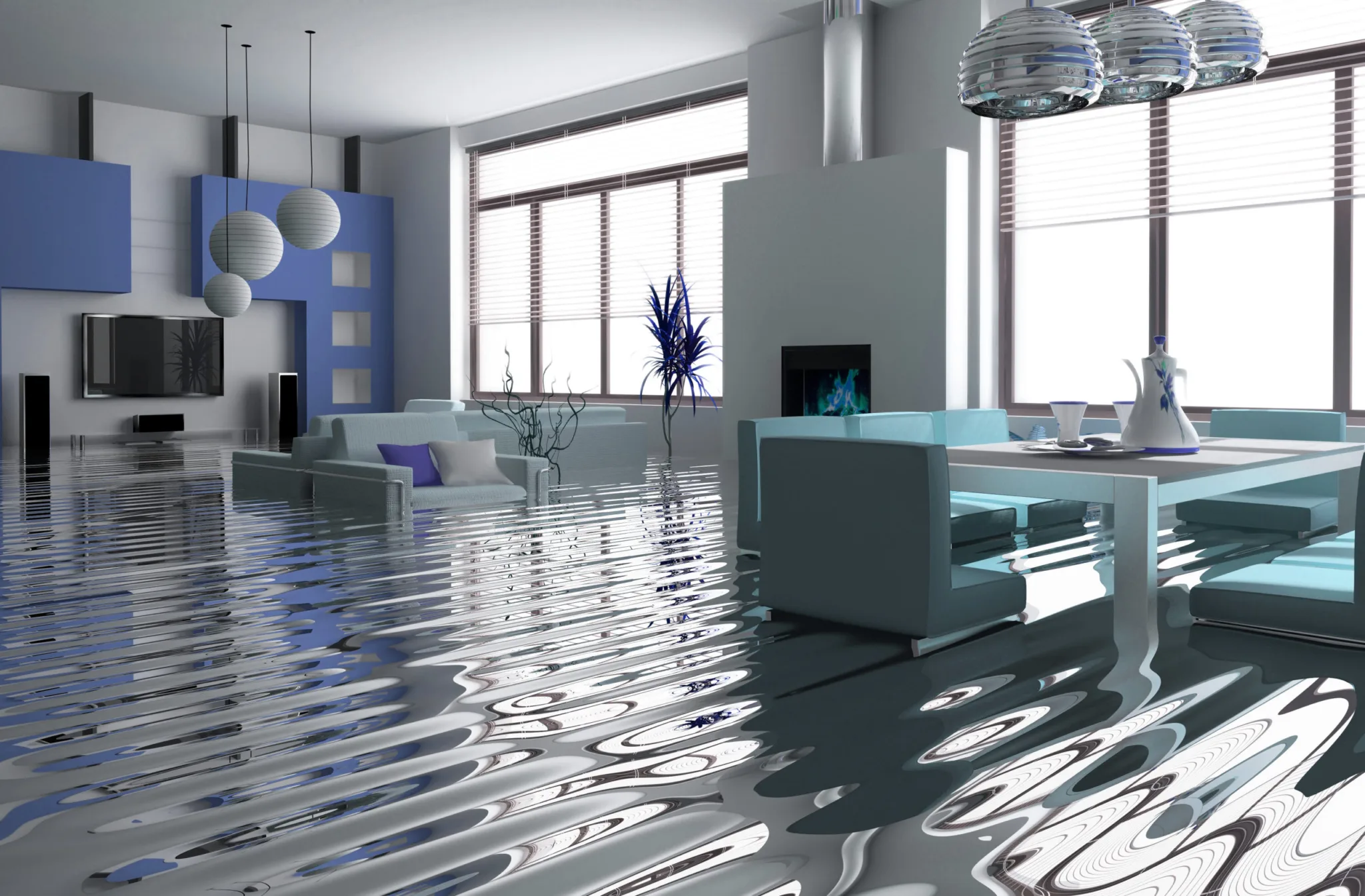 A living room flooded with water from the floor.